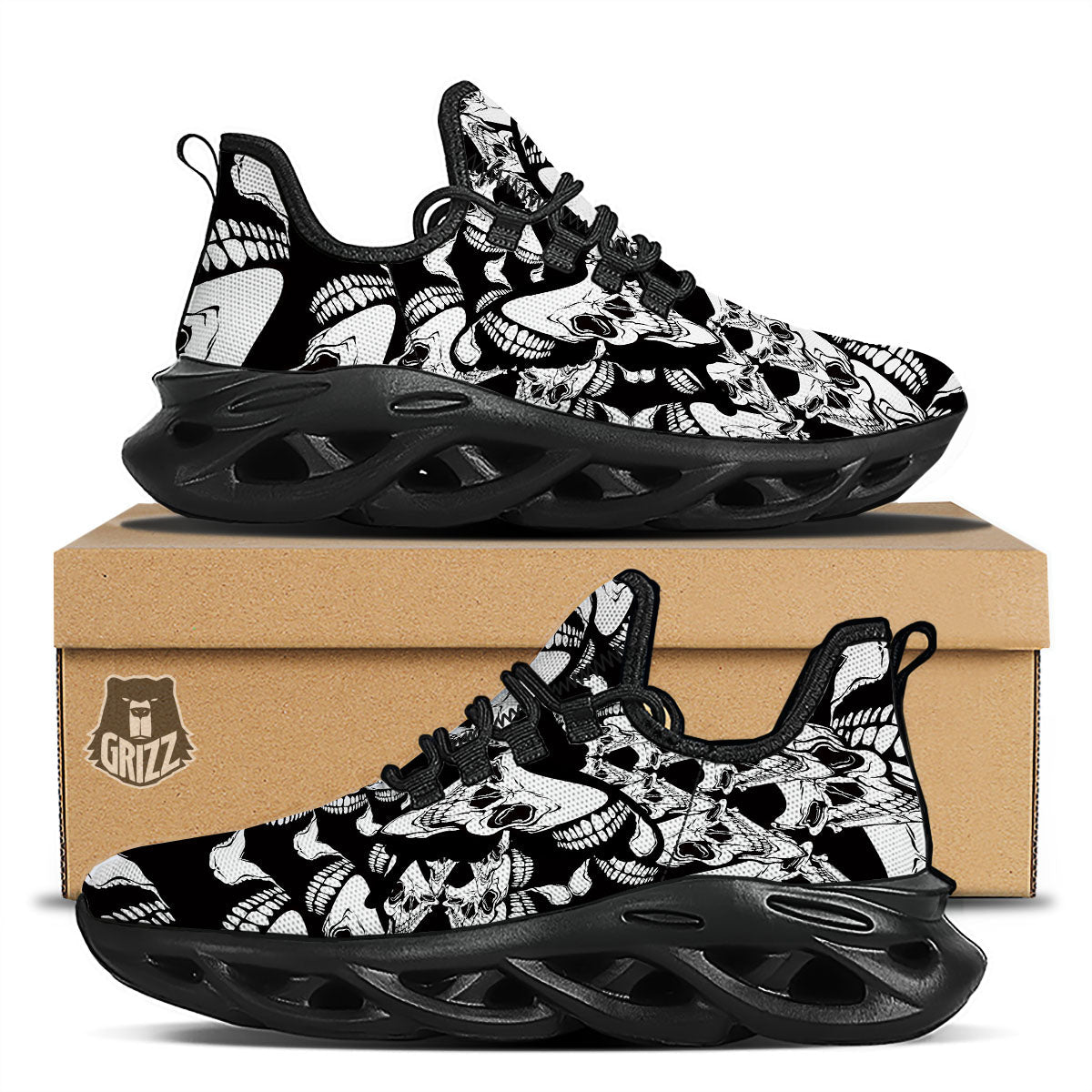 Psychedelic Black And White Skull Print Black Running Shoes-grizzshop