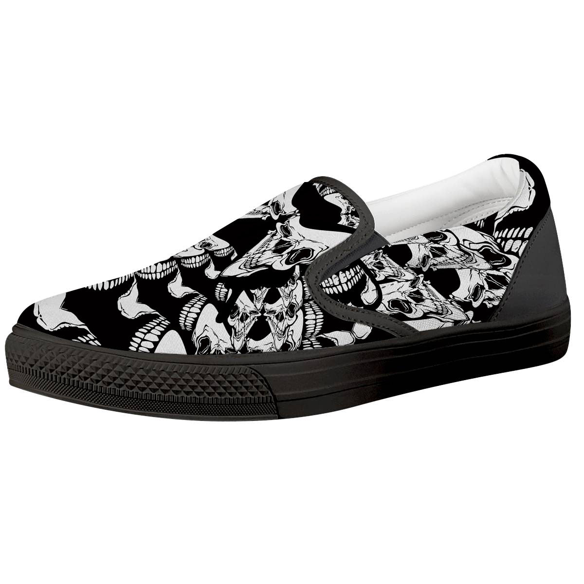 Psychedelic Black And White Skull Print Black Slip On Shoes-grizzshop