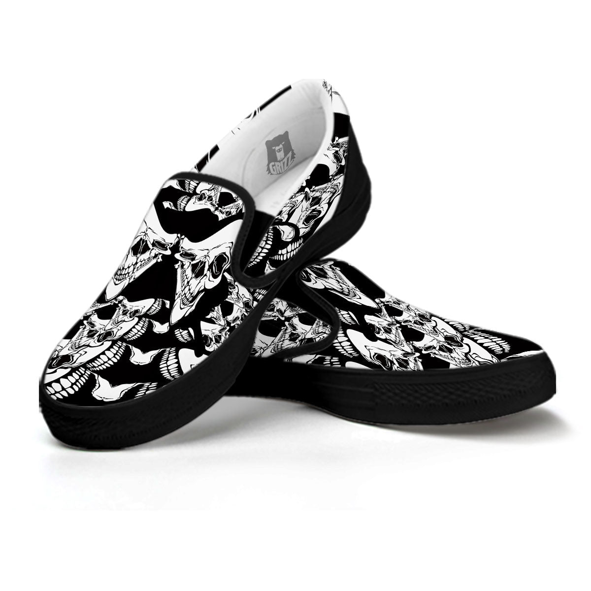 Psychedelic Black And White Skull Print Black Slip On Shoes-grizzshop