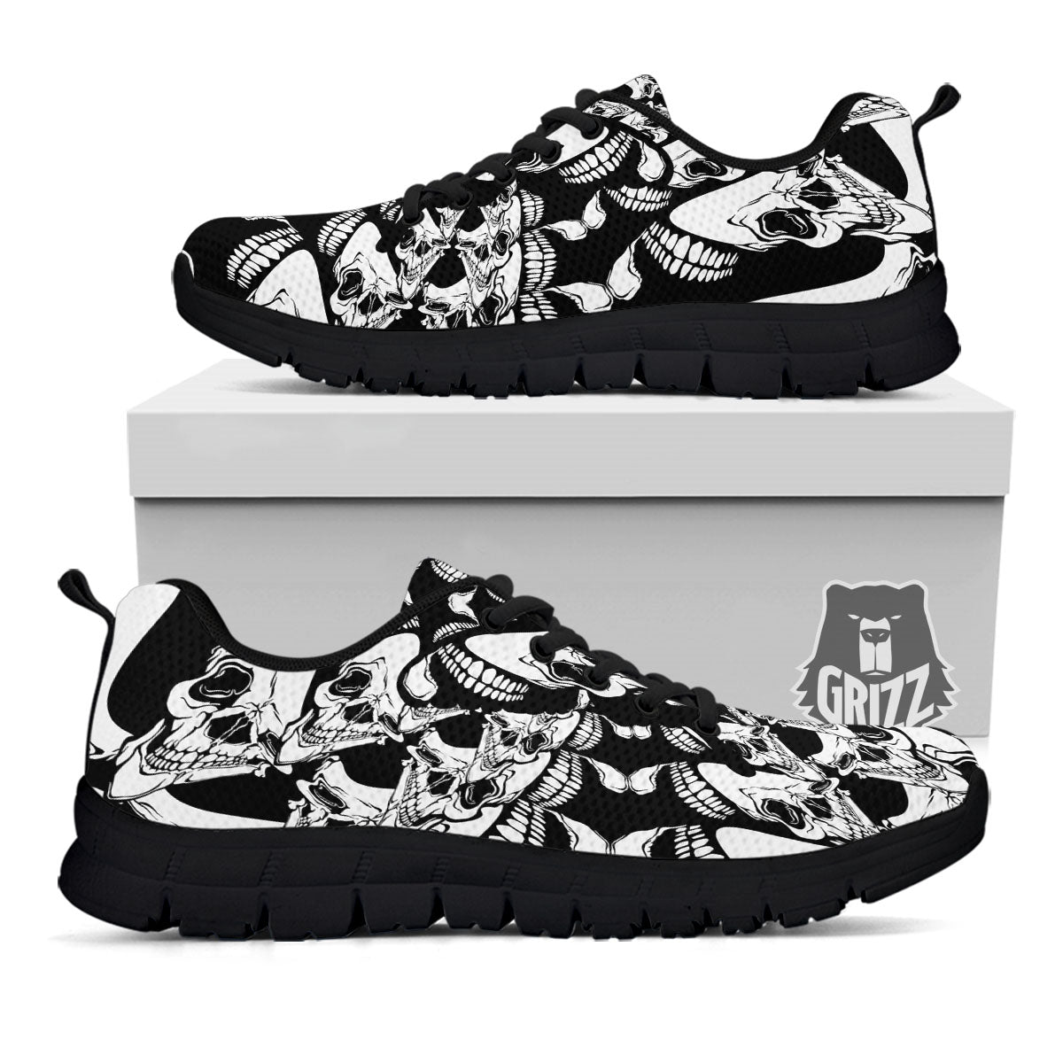 Psychedelic Black And White Skull Print Black Sneaker-grizzshop
