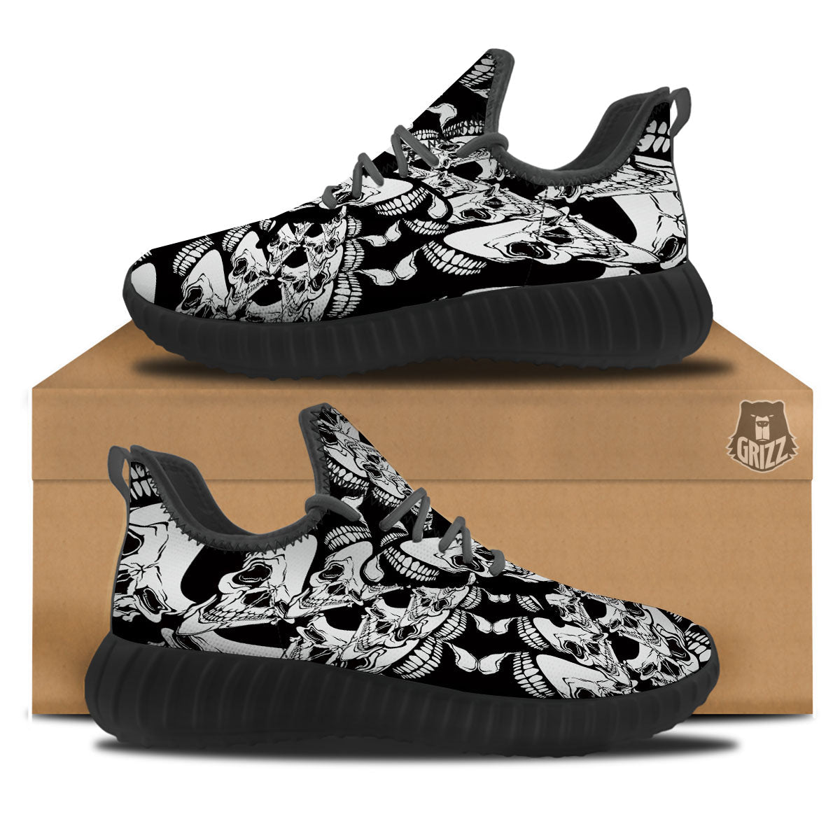 Psychedelic Black And White Skull Print Black Walking Shoes-grizzshop