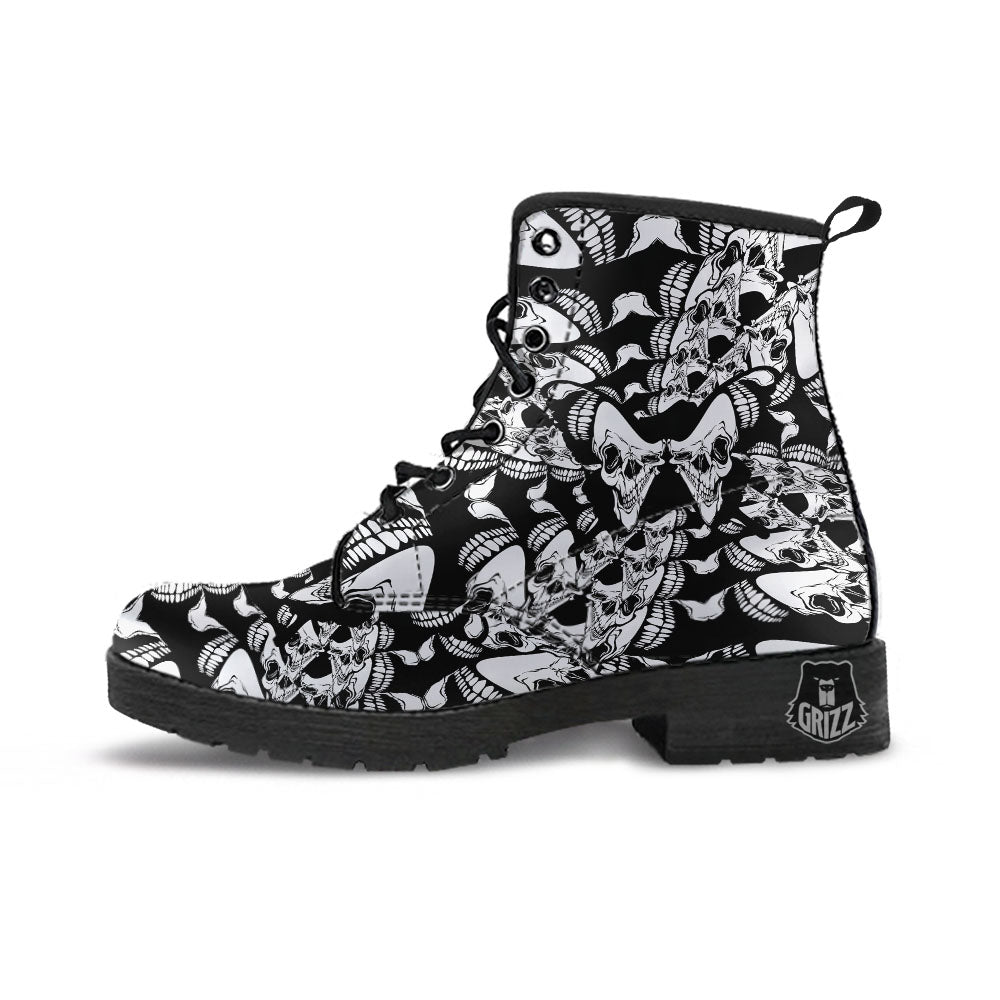 Psychedelic Black And White Skull Print Leather Boots-grizzshop