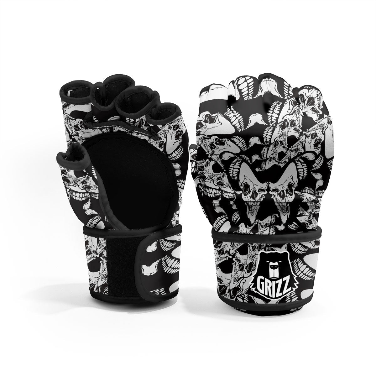 Psychedelic Black And White Skull Print MMA Gloves-grizzshop