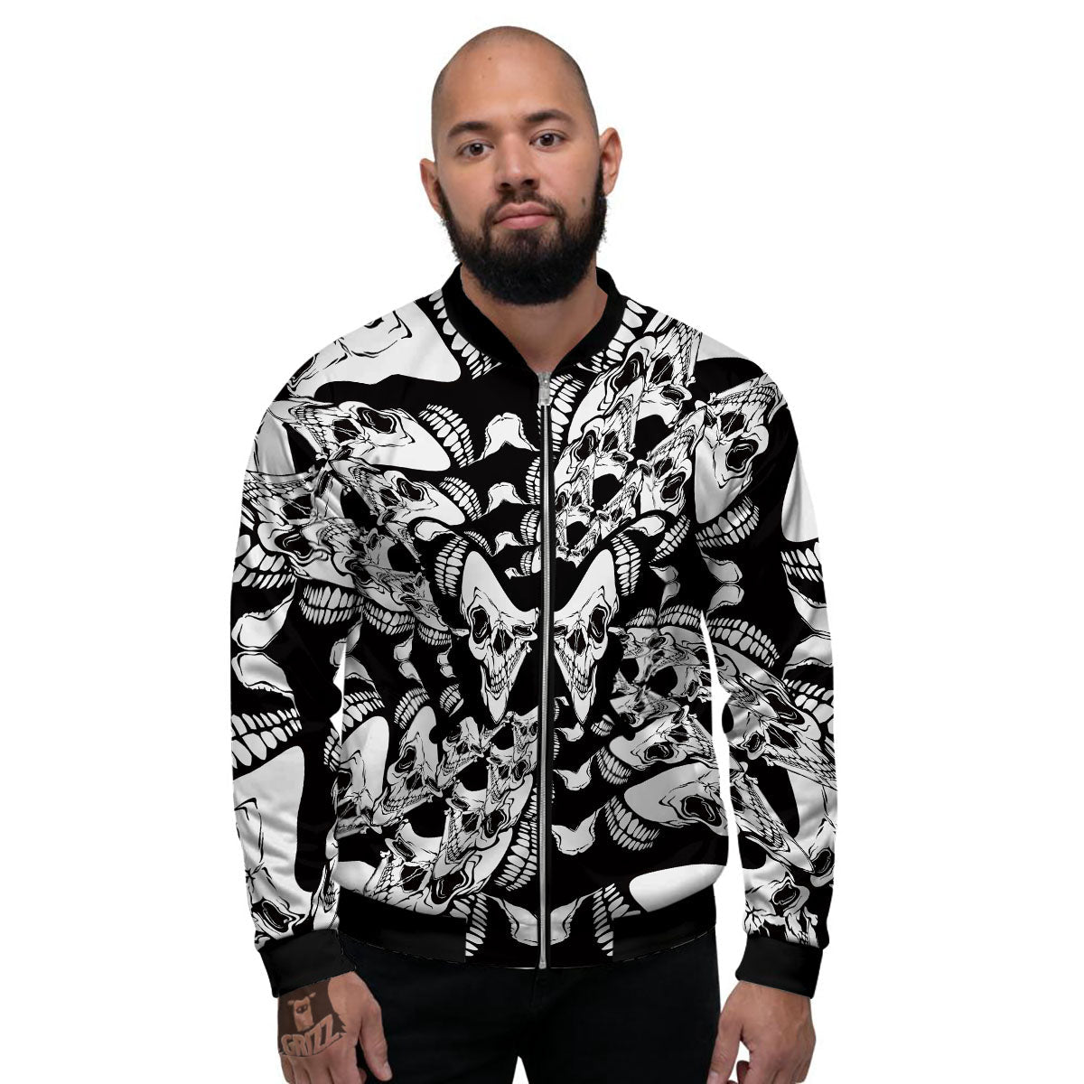 Psychedelic Black And White Skull Print Men's Bomber Jacket-grizzshop