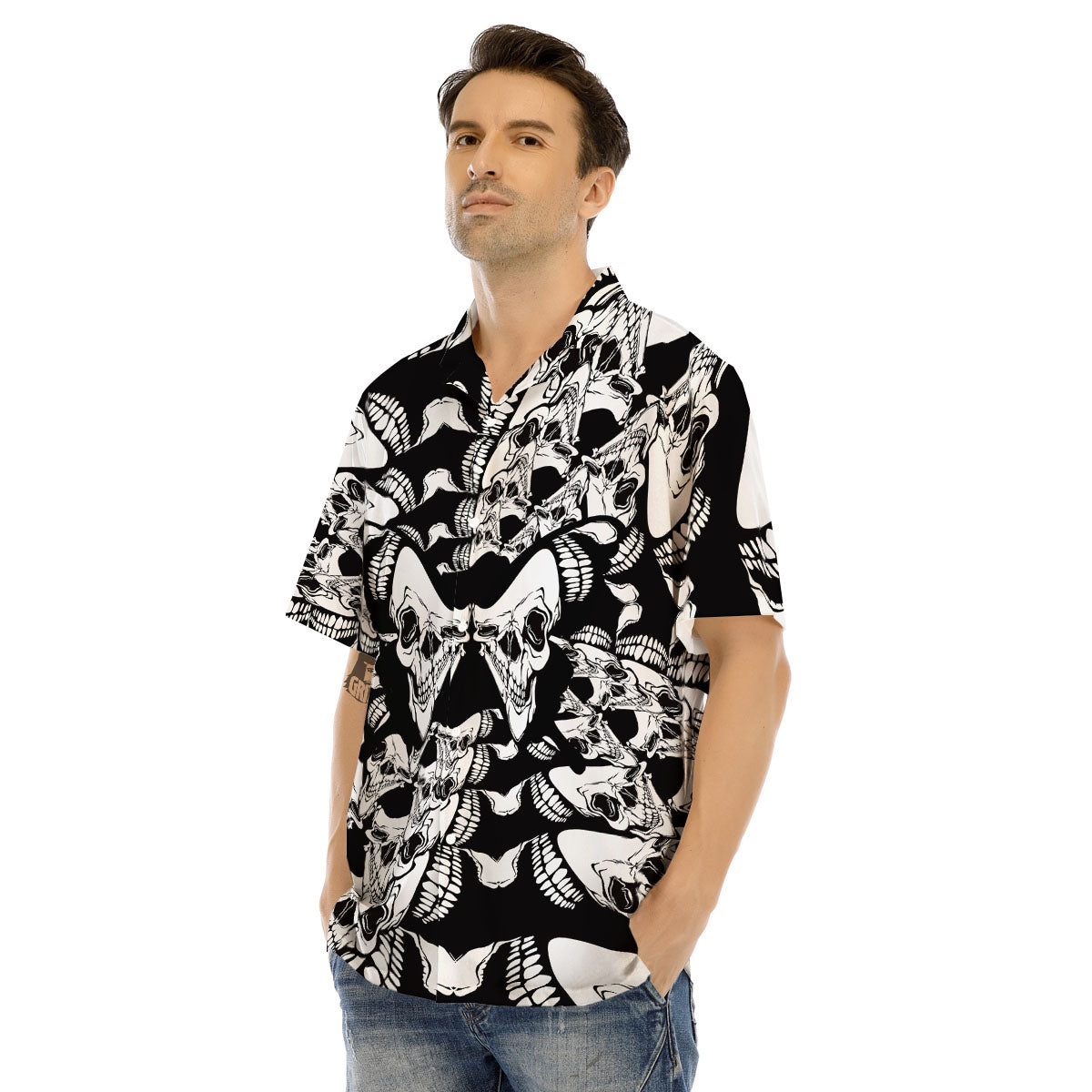Psychedelic Black And White Skull Print Men's Hawaiian Shirt-grizzshop
