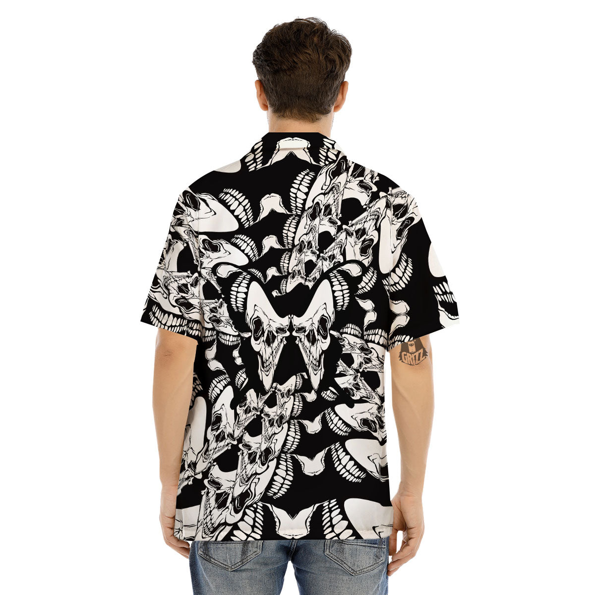 Psychedelic Black And White Skull Print Men's Hawaiian Shirt-grizzshop