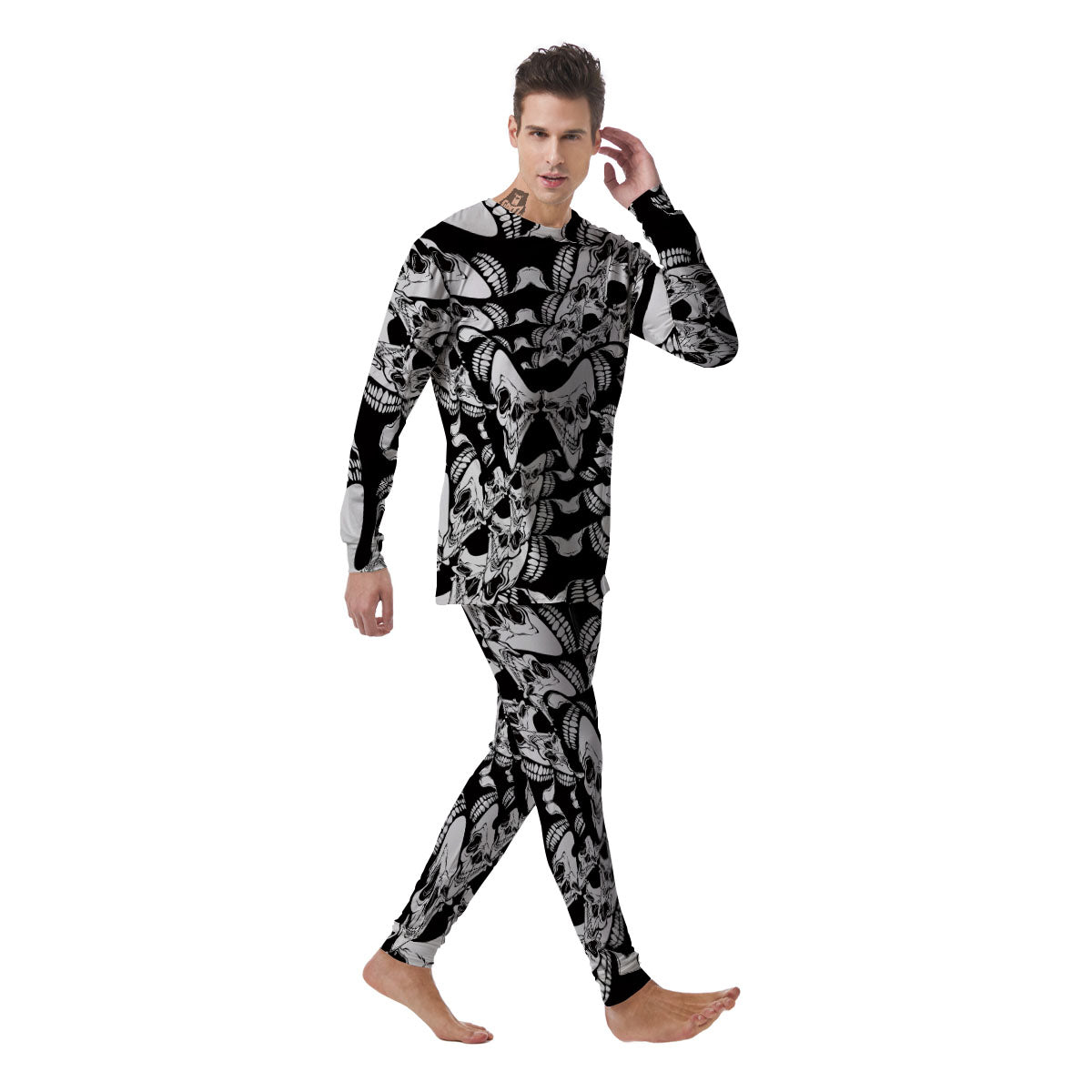 Psychedelic Black And White Skull Print Men's Pajamas-grizzshop