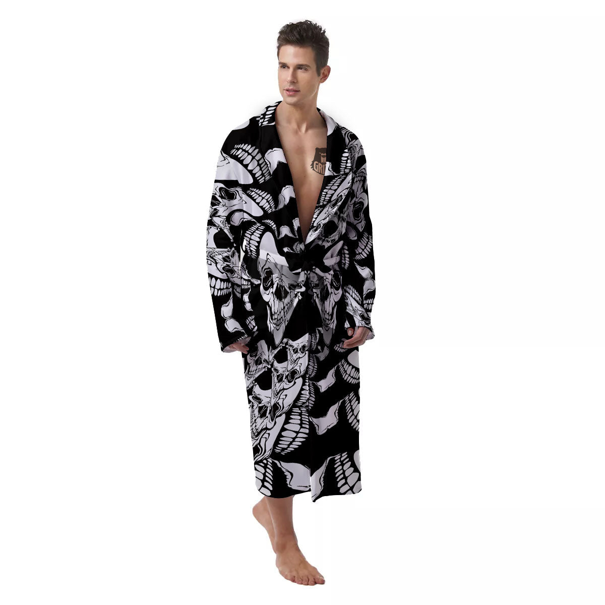 Psychedelic Black And White Skull Print Men's Robe-grizzshop