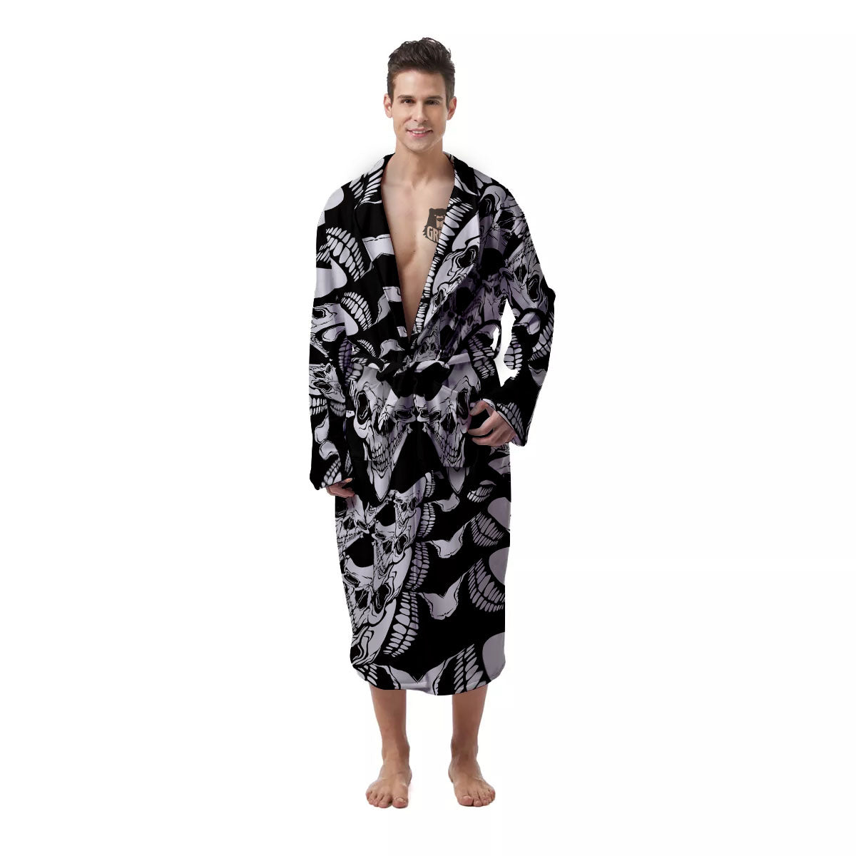 Psychedelic Black And White Skull Print Men's Robe-grizzshop