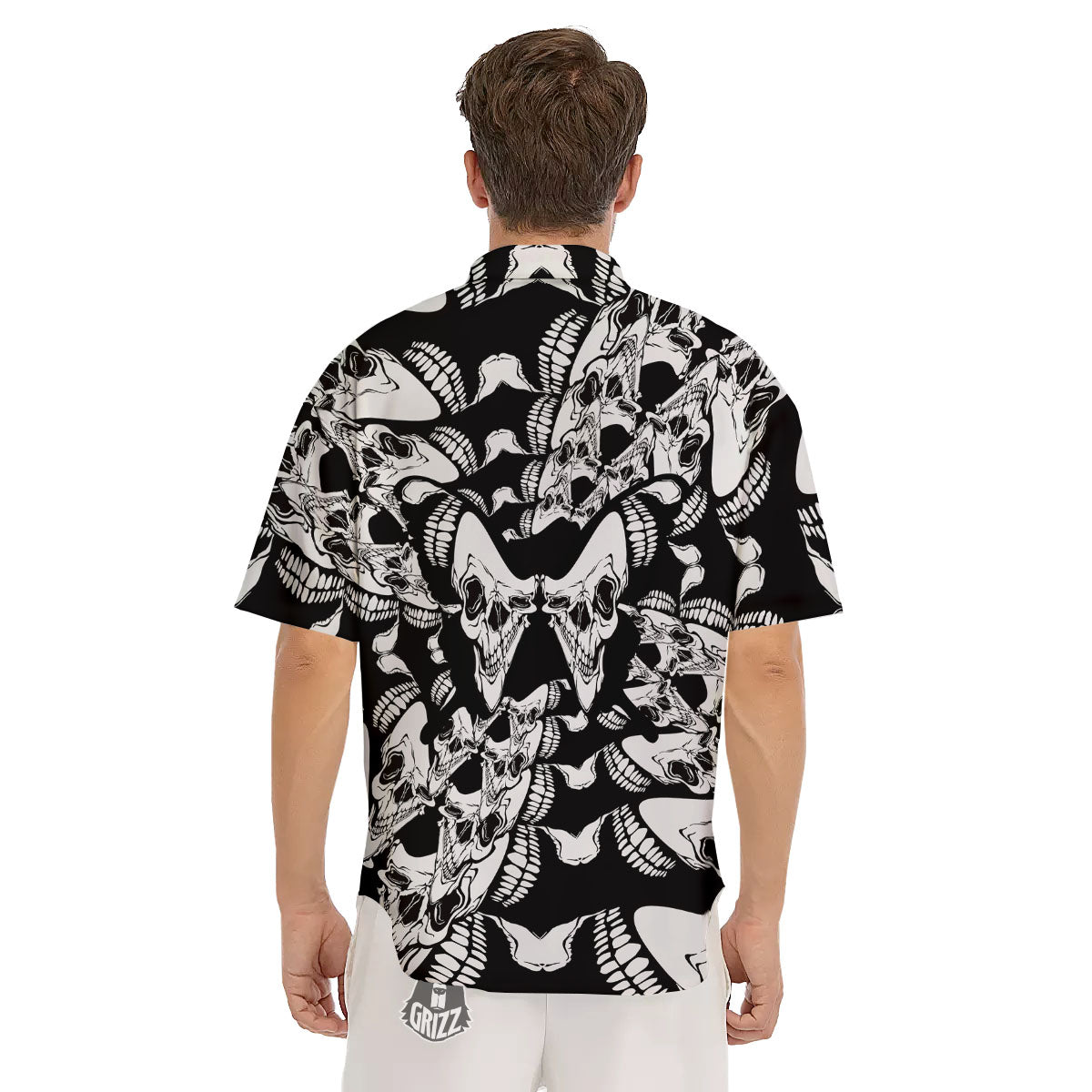 Psychedelic Black And White Skull Print Men's Short Sleeve Shirts-grizzshop