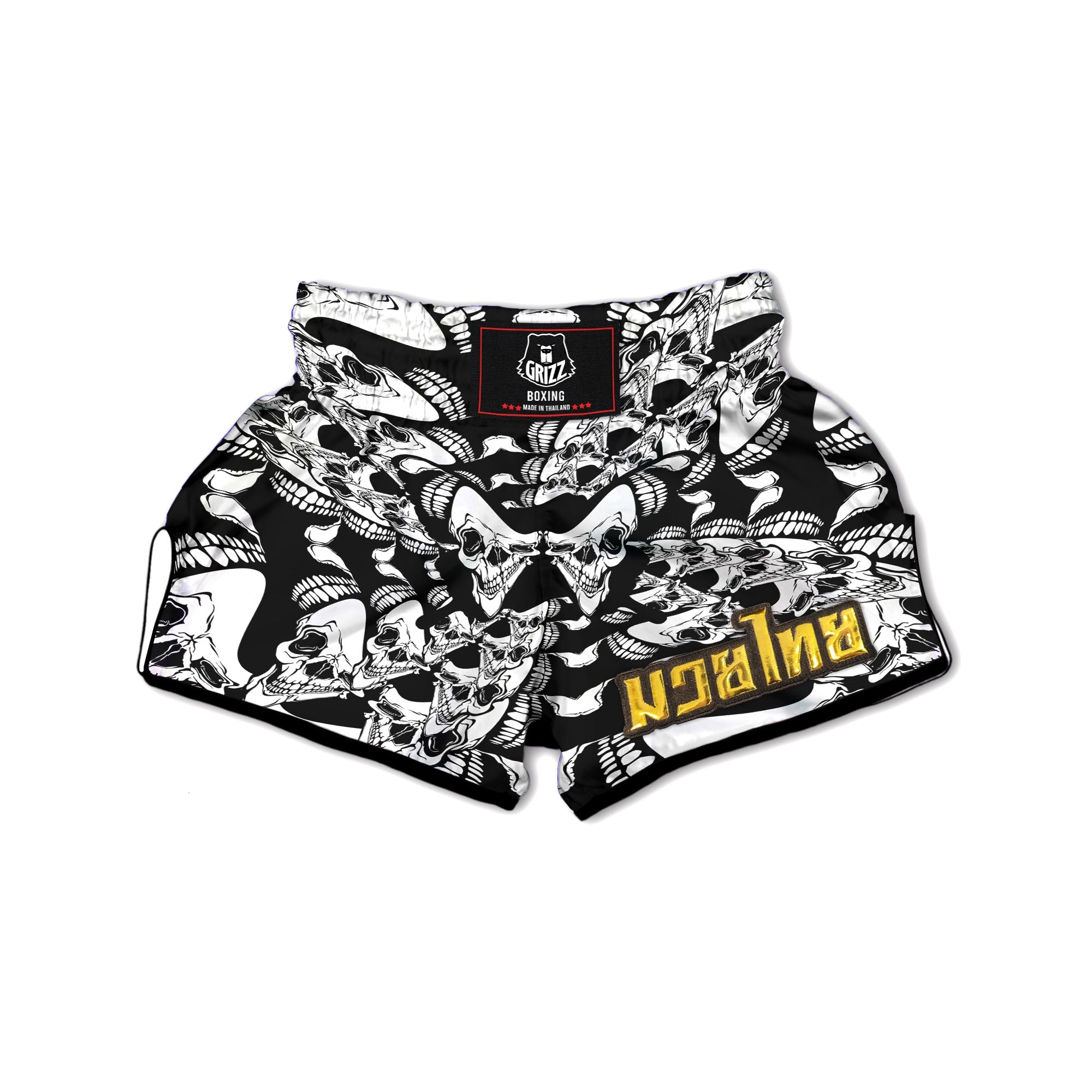 Psychedelic Black And White Skull Print Muay Thai Boxing Shorts-grizzshop