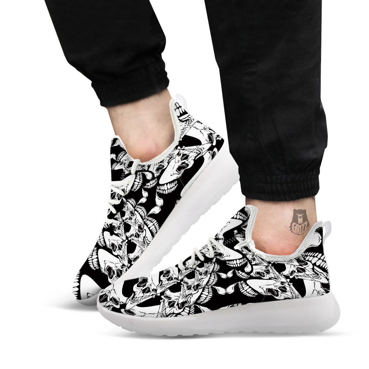 Psychedelic Black And White Skull Print White Athletic Shoes-grizzshop