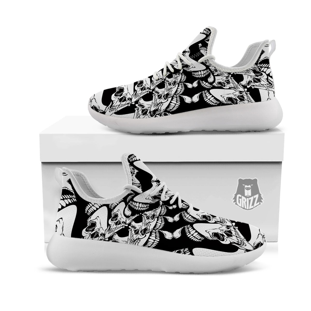 Psychedelic Black And White Skull Print White Athletic Shoes-grizzshop