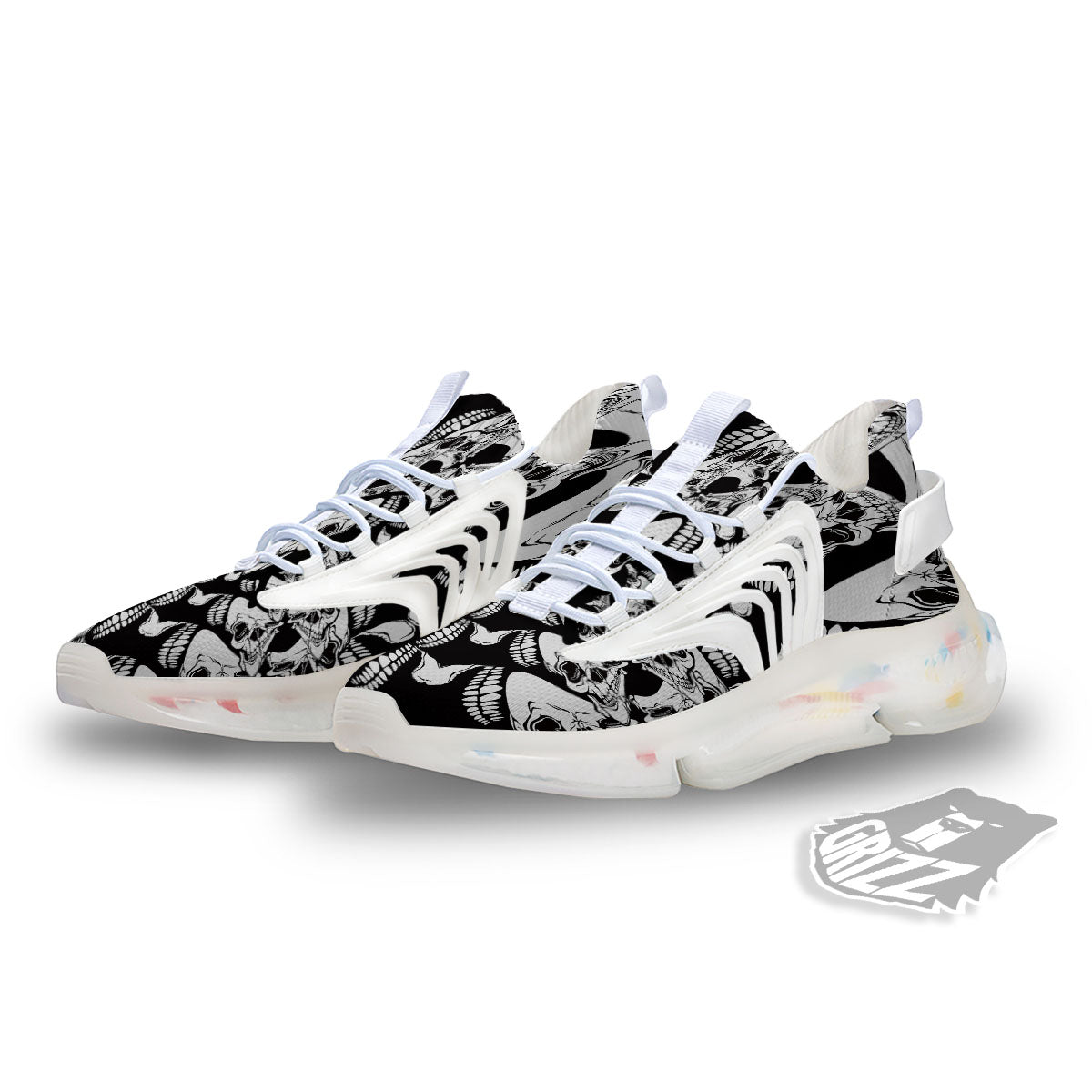 Psychedelic Black And White Skull Print White Gym Shoes-grizzshop