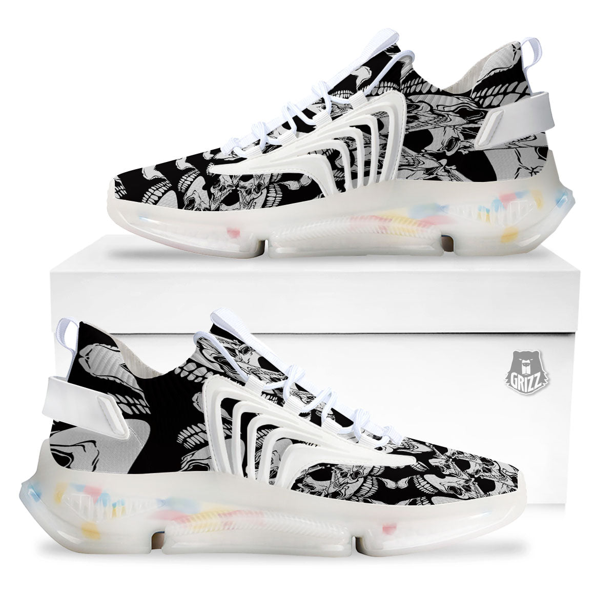 Psychedelic Black And White Skull Print White Gym Shoes-grizzshop
