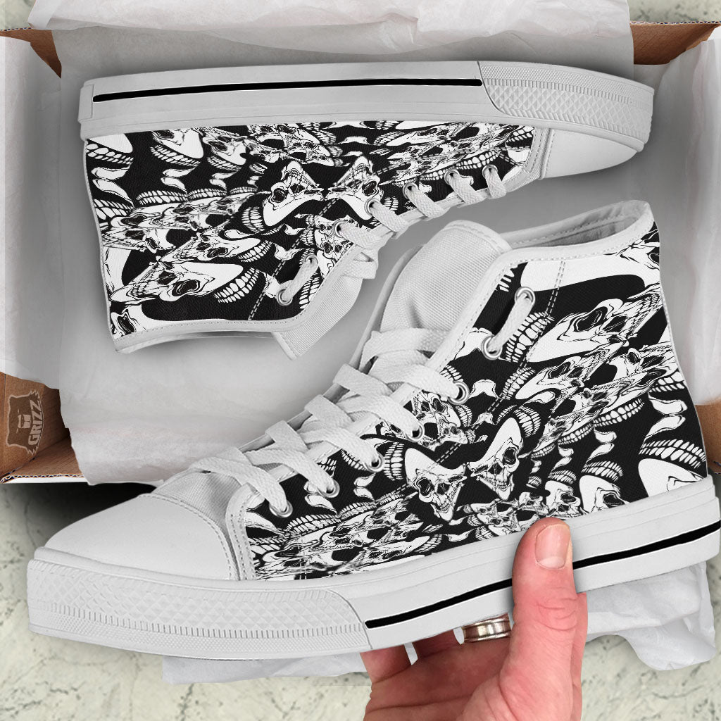 Psychedelic Black And White Skull Print White High Top Shoes-grizzshop