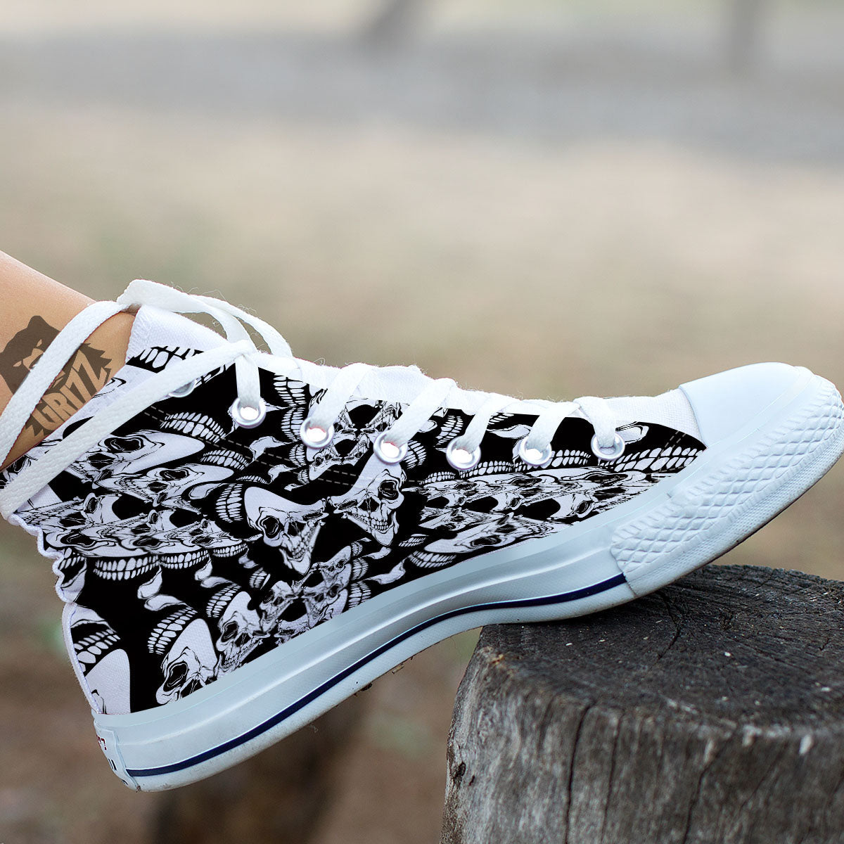Psychedelic Black And White Skull Print White High Top Shoes-grizzshop