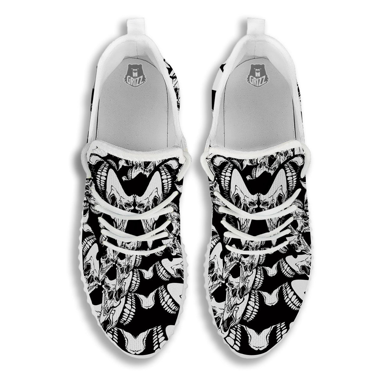 Psychedelic Black And White Skull Print White Walking Shoes-grizzshop