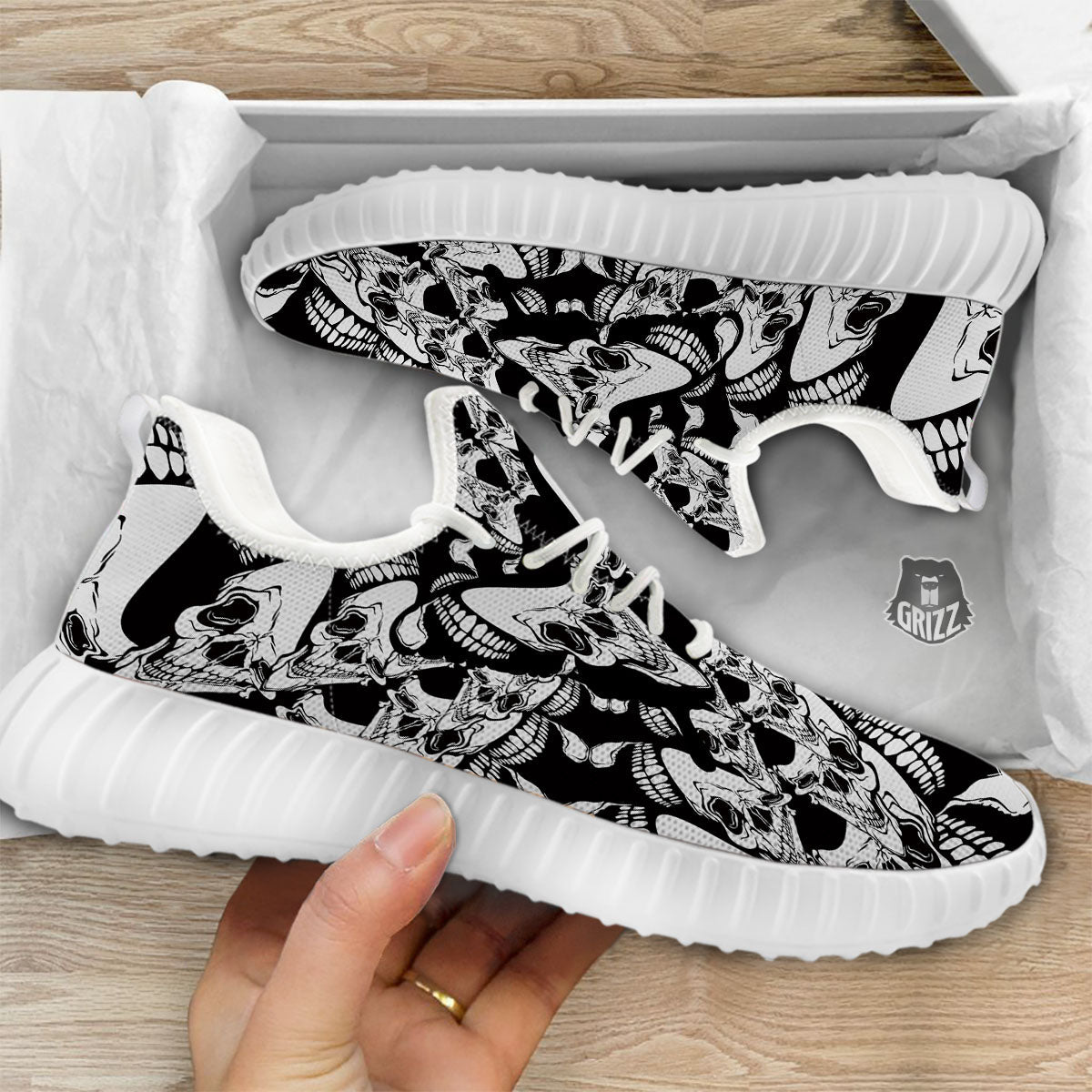Psychedelic Black And White Skull Print White Walking Shoes-grizzshop