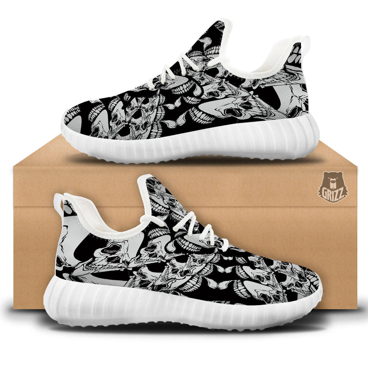 Psychedelic Black And White Skull Print White Walking Shoes-grizzshop