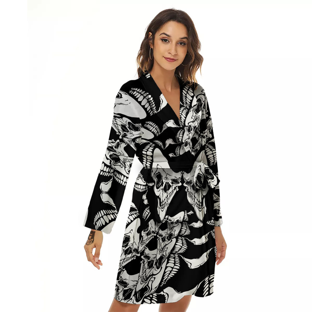 Psychedelic Black And White Skull Print Women's Robe-grizzshop