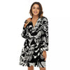 Psychedelic Black And White Skull Print Women's Robe-grizzshop