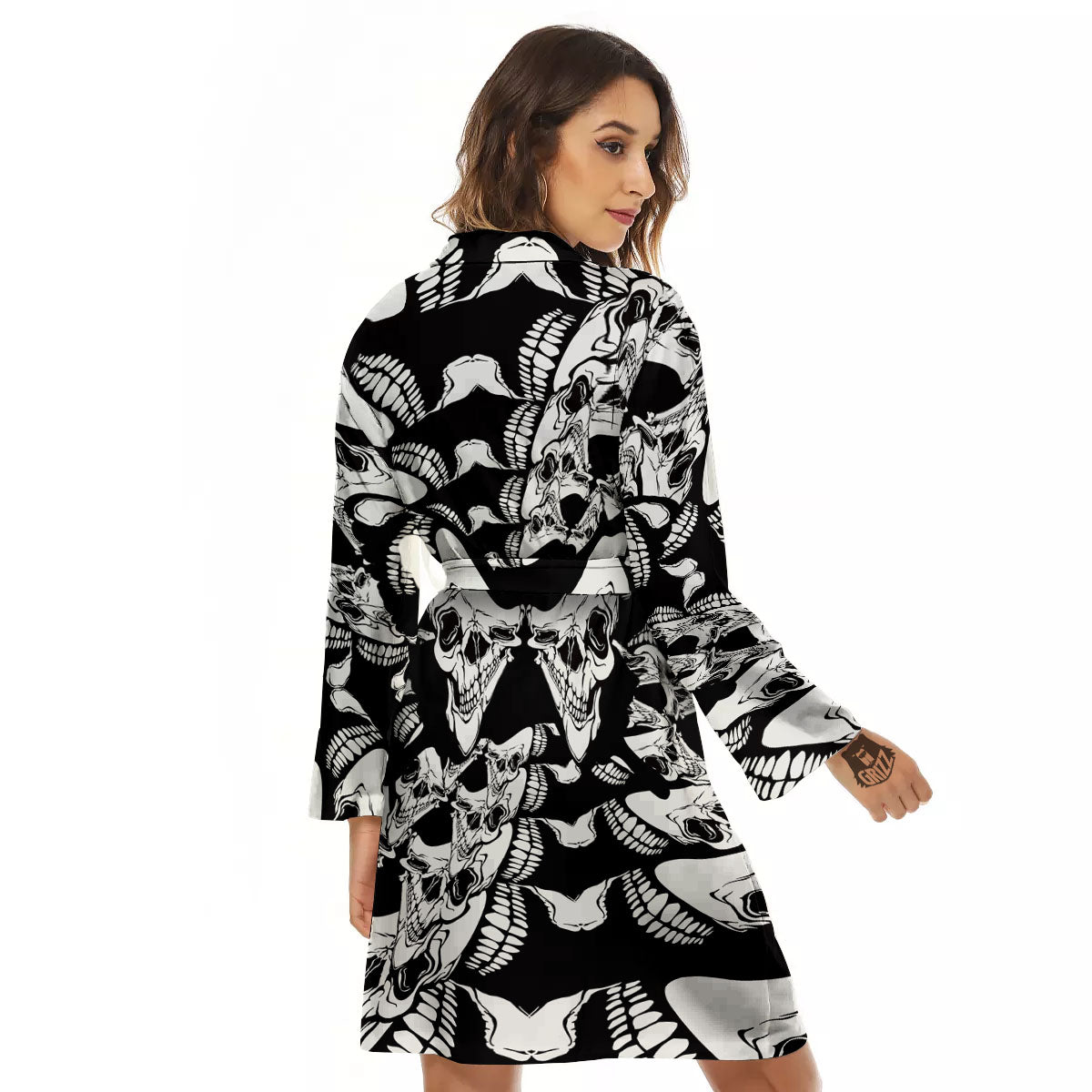 Psychedelic Black And White Skull Print Women's Robe-grizzshop