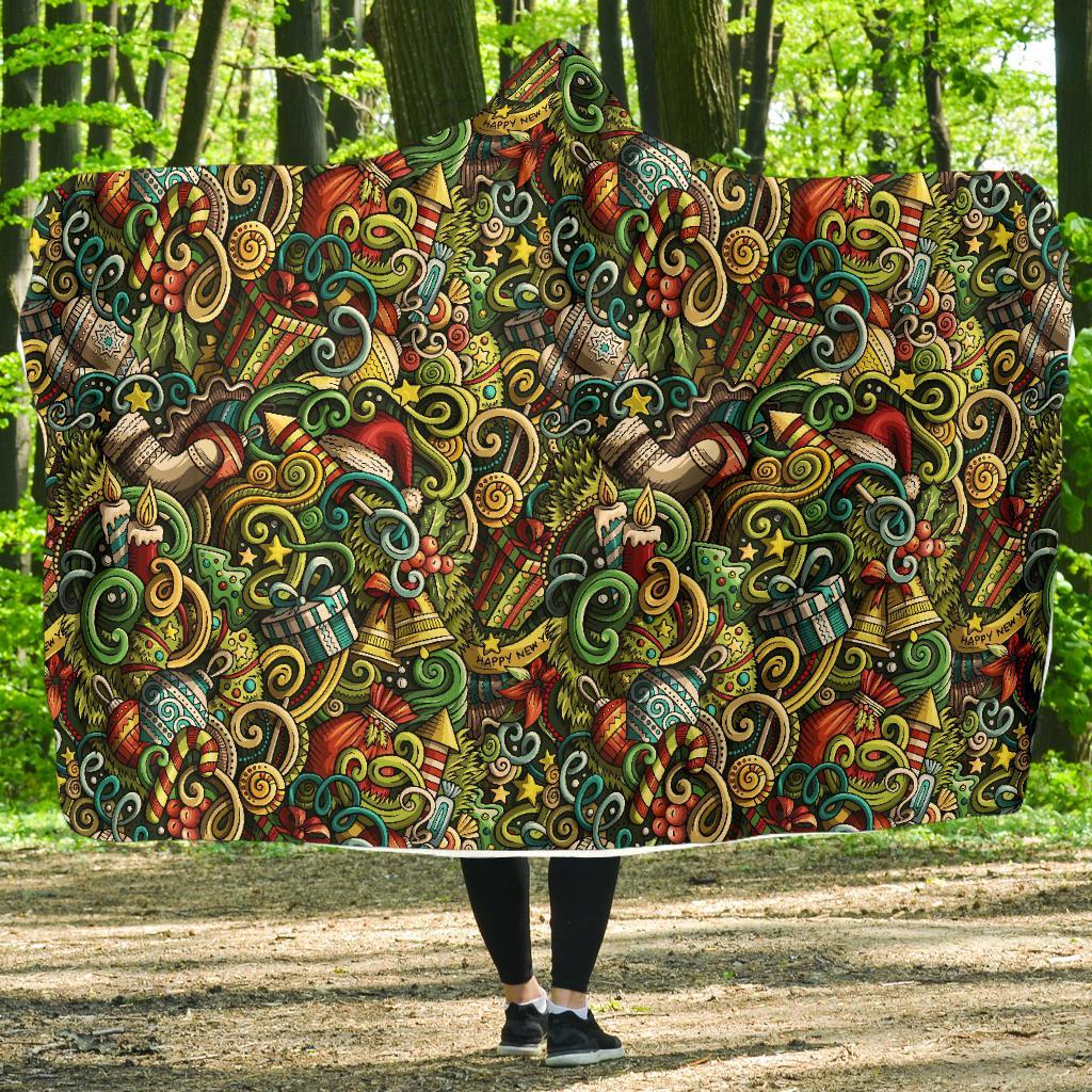 Psychedelic Christmas Pattern Print Hooded Blanket-grizzshop