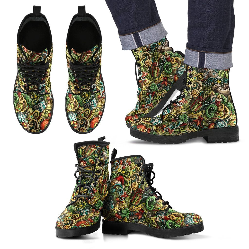 Psychedelic Christmas Pattern Print Men Women Leather Boots-grizzshop