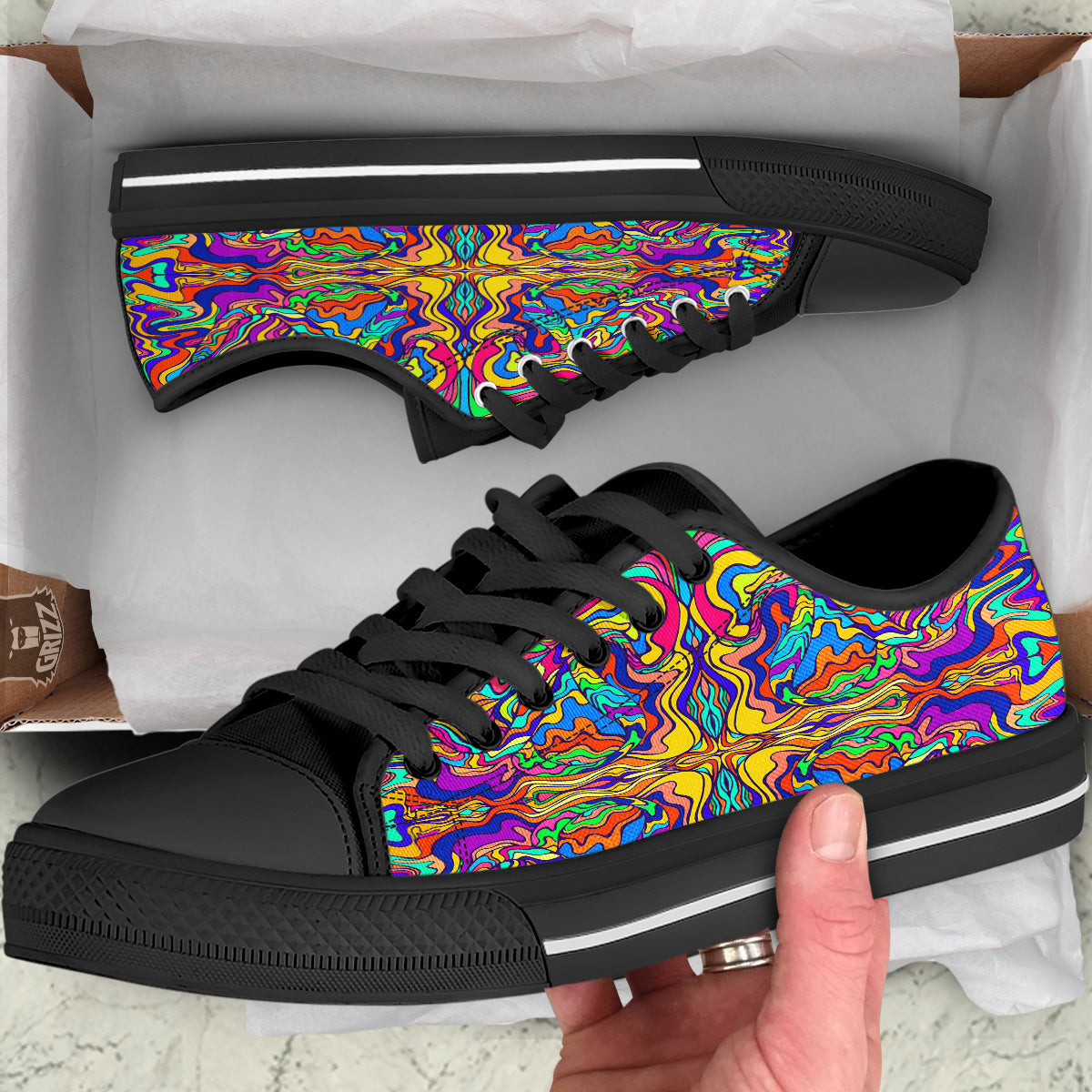 Psychedelic Colorful Fractal Mirror Print Black Low Top Shoes-grizzshop