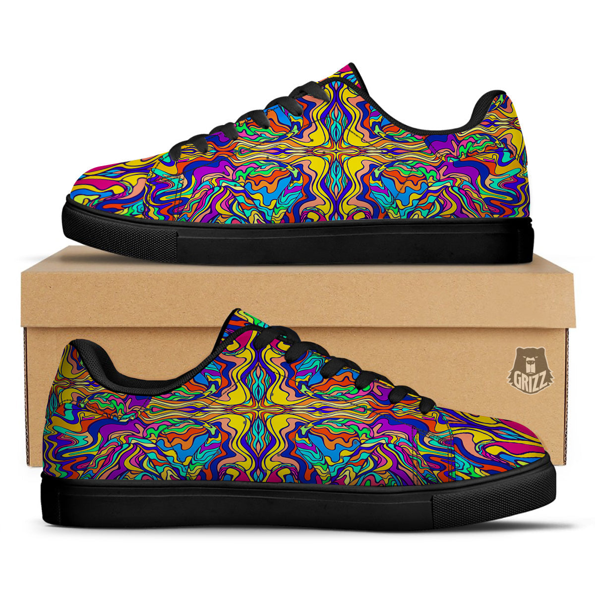 Psychedelic Colorful Fractal Mirror Print Black Low Top Sneakers-grizzshop