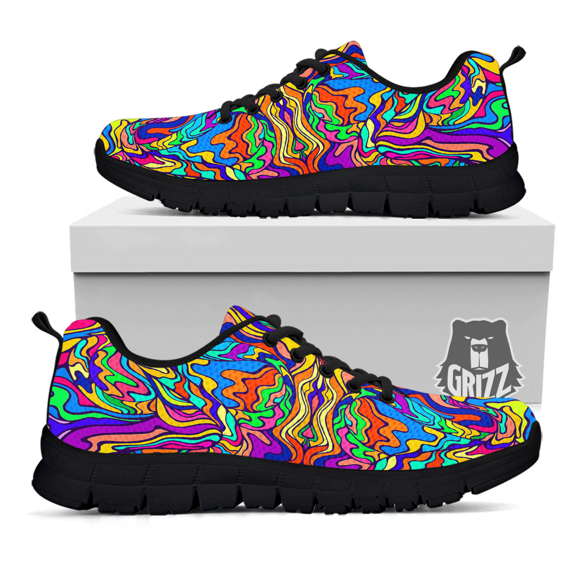 Psychedelic Colorful Fractal Mirror Print Black Sneaker-grizzshop