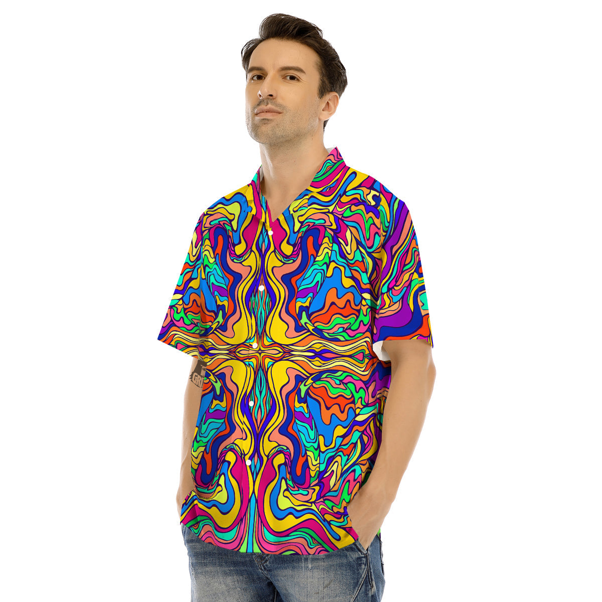 Psychedelic Colorful Fractal Mirror Print Men's Hawaiian Shirt-grizzshop