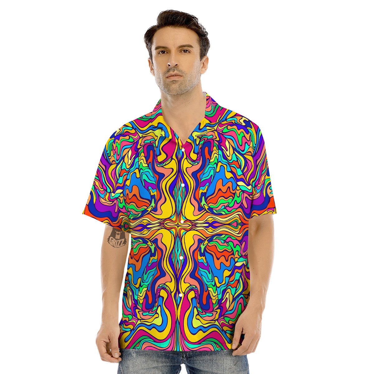 Psychedelic Colorful Fractal Mirror Print Men's Hawaiian Shirt-grizzshop