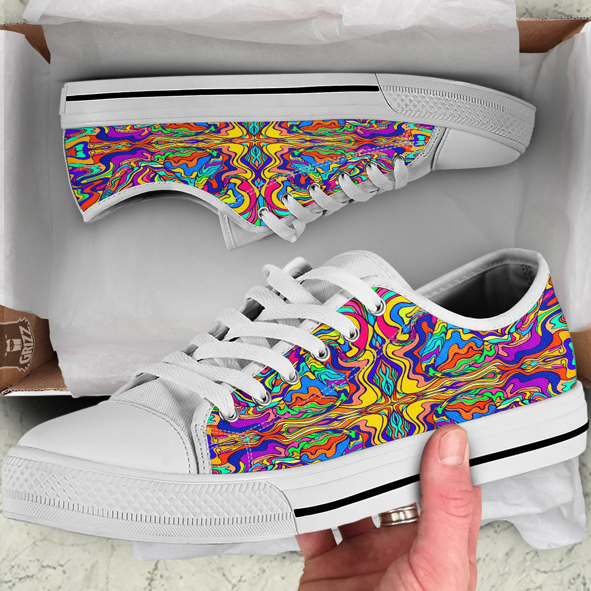 Psychedelic Colorful Fractal Mirror Print White Low Top Shoes-grizzshop