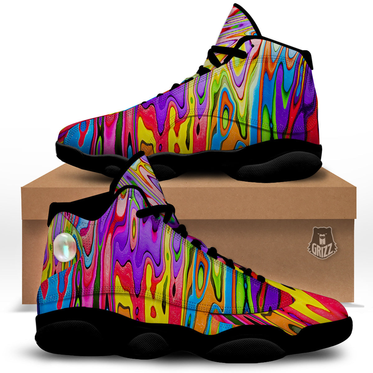 Psychedelic Colorful Print Black Basketball Shoes-grizzshop