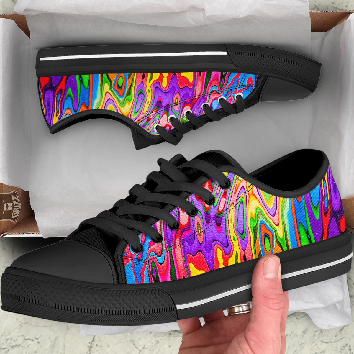 Psychedelic Colorful Print Black Low Top Shoes-grizzshop