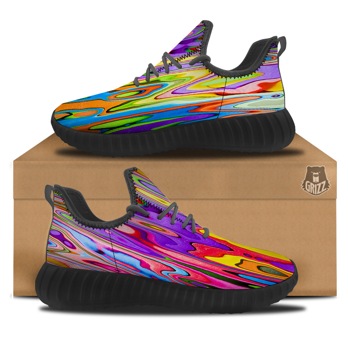Psychedelic Colorful Print Black Walking Shoes-grizzshop