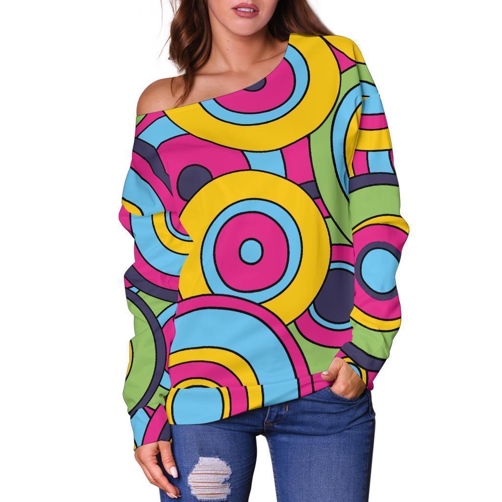 Psychedelic Colorful Print Pattern Women Off Shoulder Sweatshirt-grizzshop