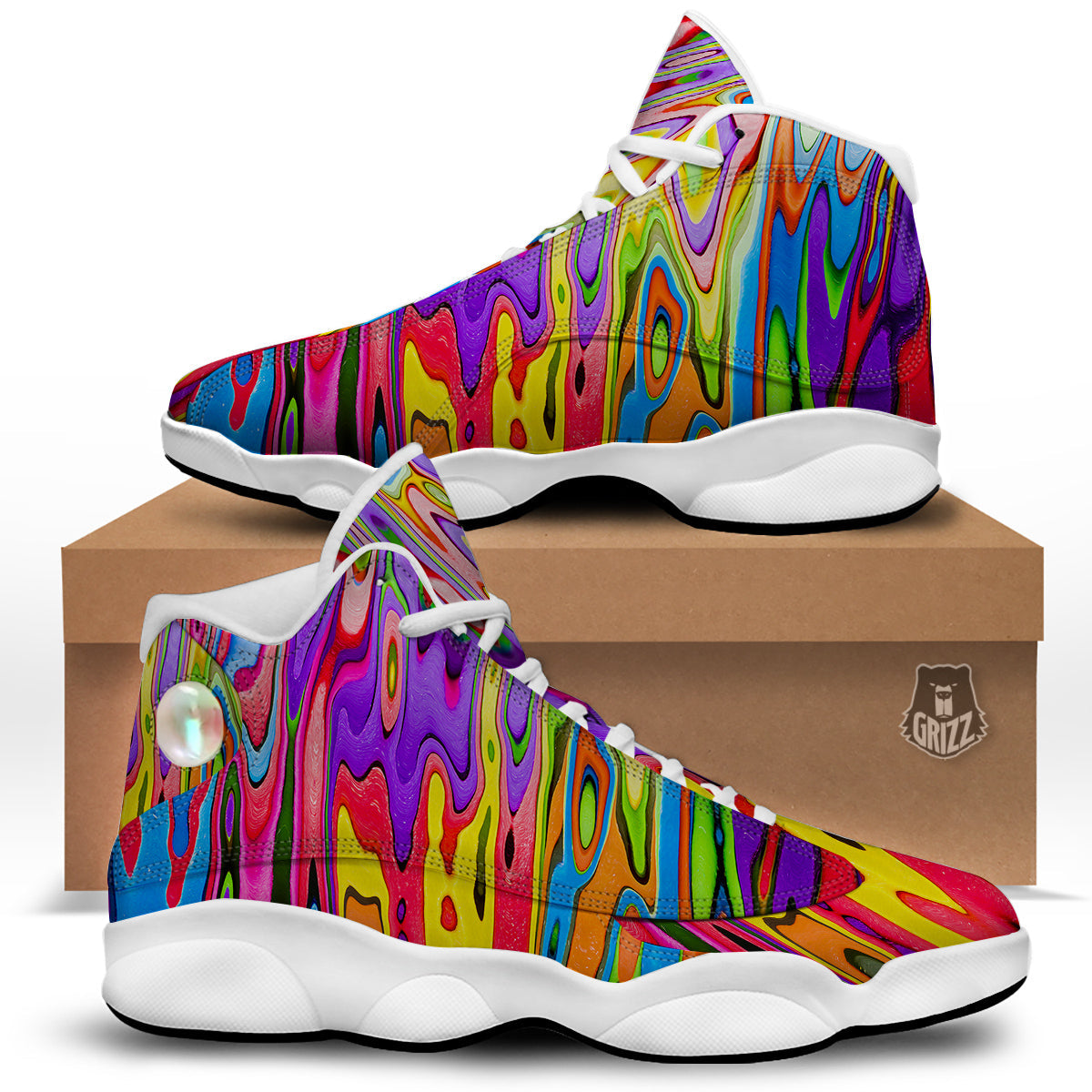Psychedelic Colorful Print White Basketball Shoes-grizzshop