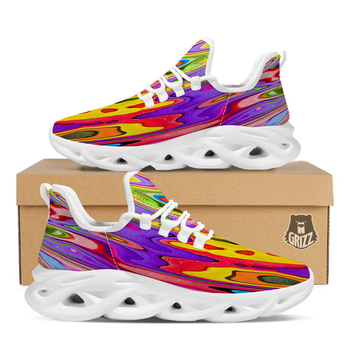 Psychedelic Colorful Print White Running Shoes-grizzshop