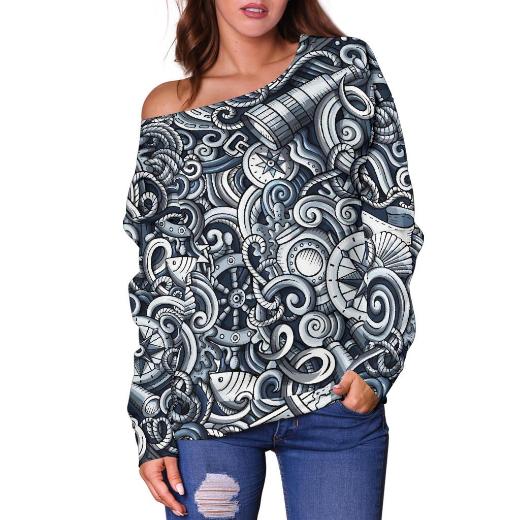 Psychedelic Compass Pattern Print Women Off Shoulder Sweatshirt-grizzshop