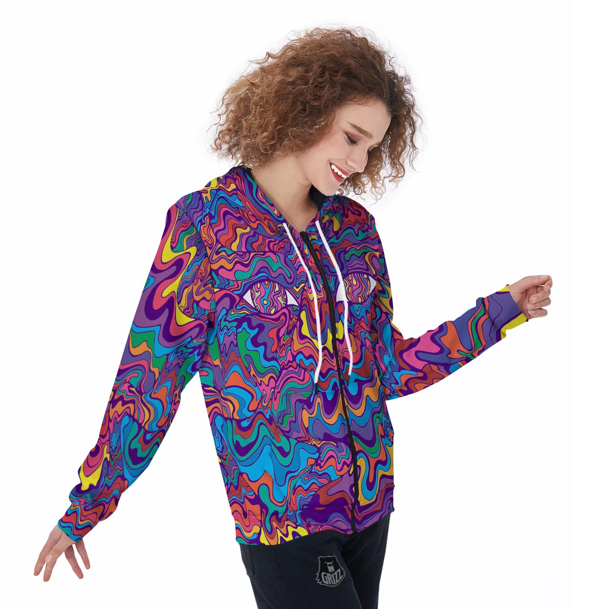 Psychedelic Face Women's Zip Up Hoodie-grizzshop