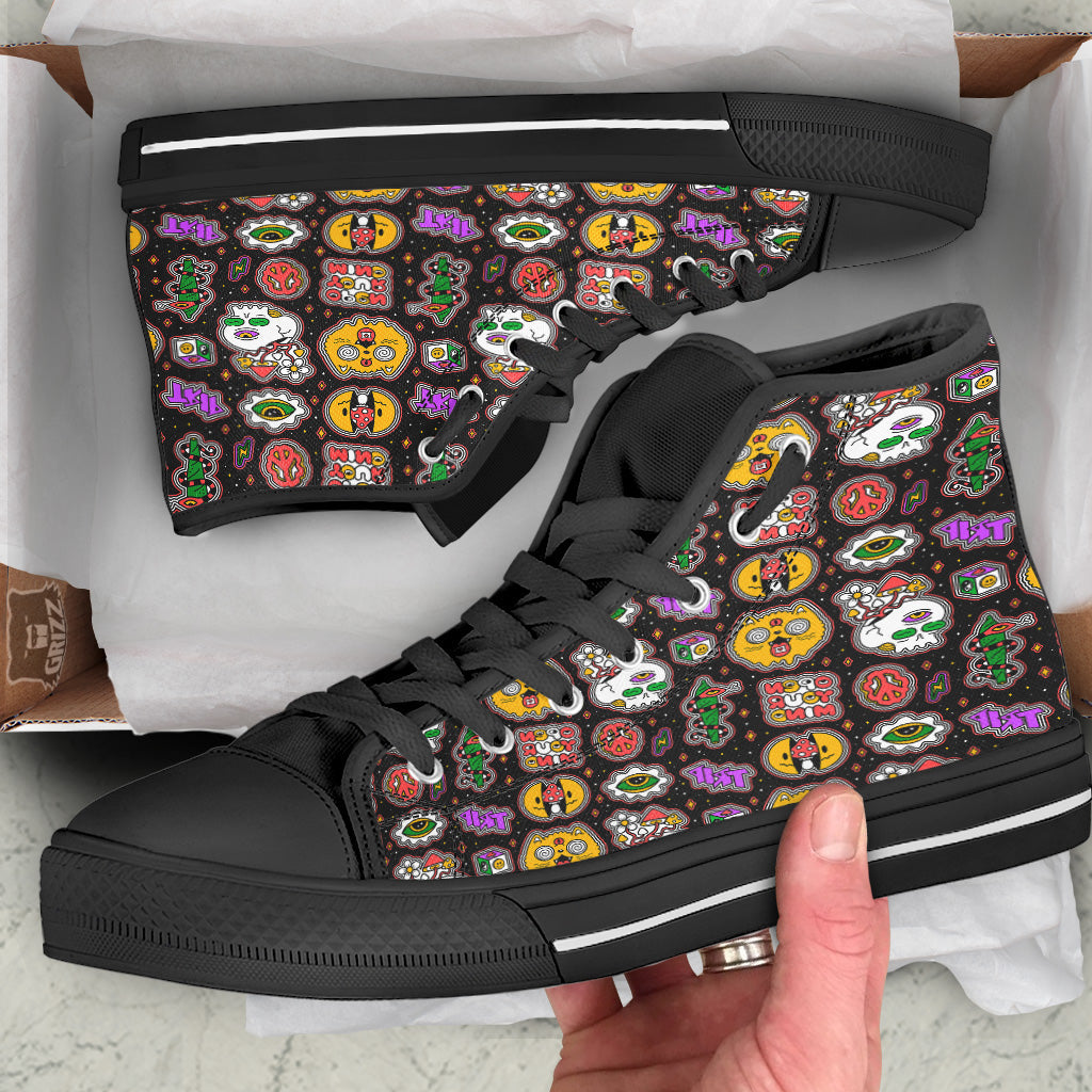 Psychedelic Funny Crazy Colorful Print Pattern Black High Top Shoes-grizzshop