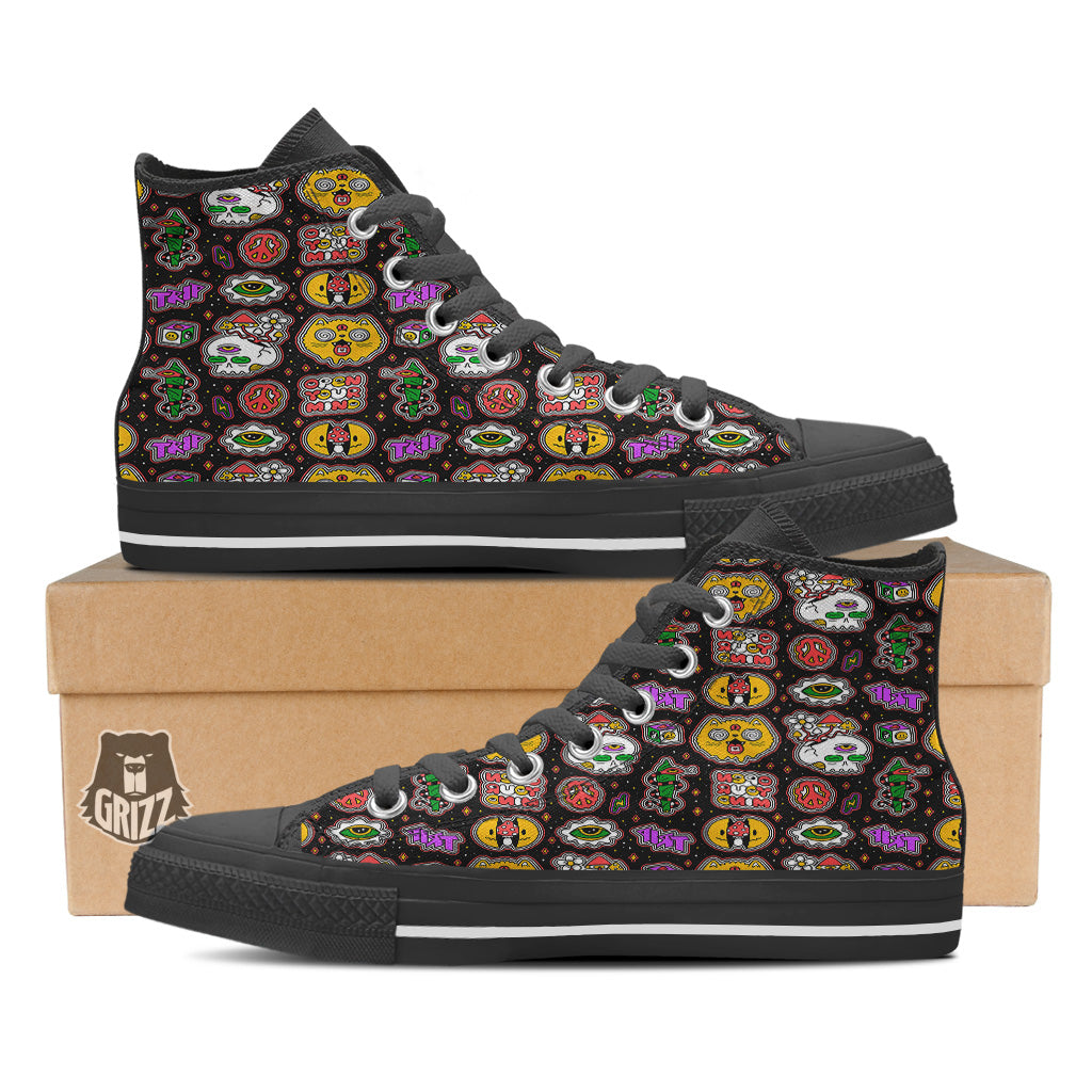 Psychedelic Funny Crazy Colorful Print Pattern Black High Top Shoes-grizzshop