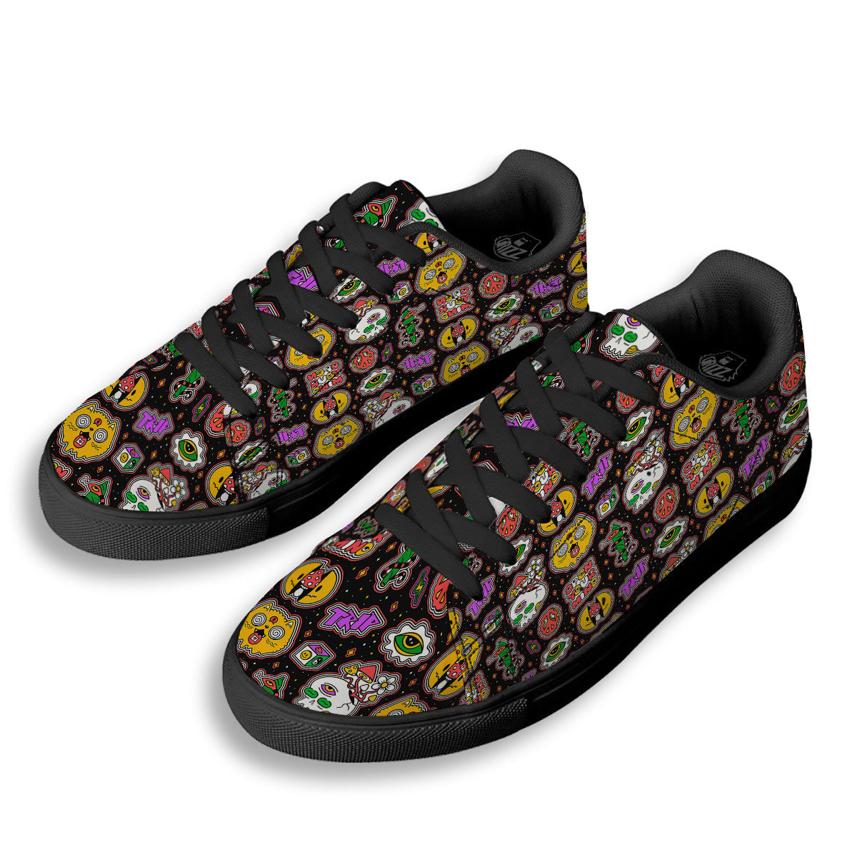 Psychedelic Funny Crazy Colorful Print Pattern Black Low Top Sneakers-grizzshop