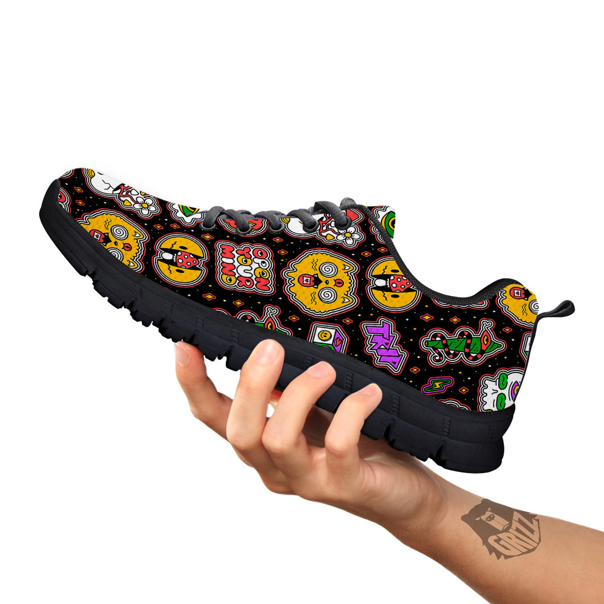 Psychedelic Funny Crazy Colorful Print Pattern Black Sneaker-grizzshop