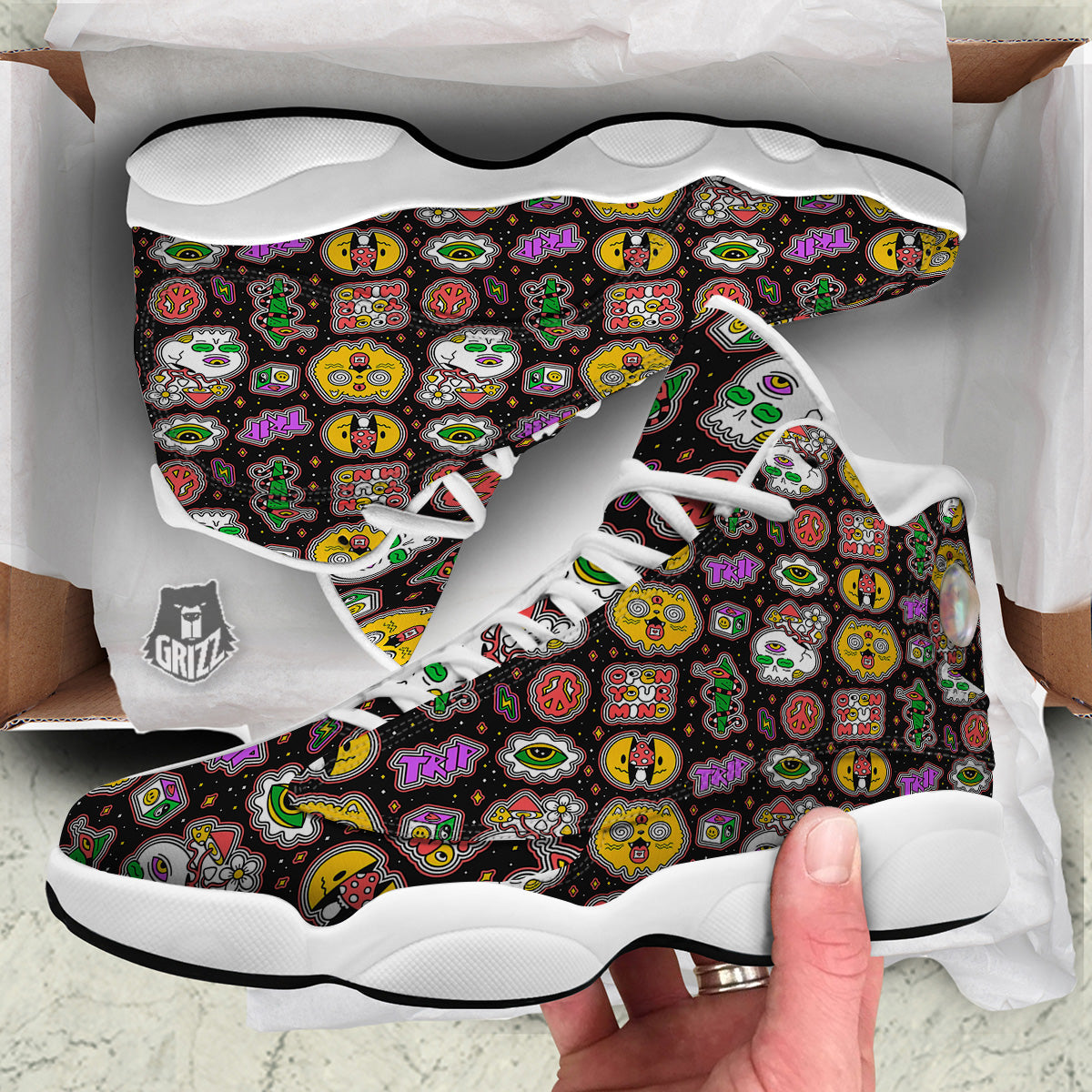 Psychedelic Funny Crazy Colorful Print Pattern White Basketball Shoes-grizzshop