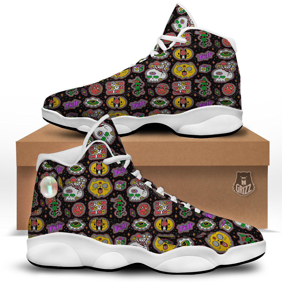 Psychedelic Funny Crazy Colorful Print Pattern White Basketball Shoes-grizzshop