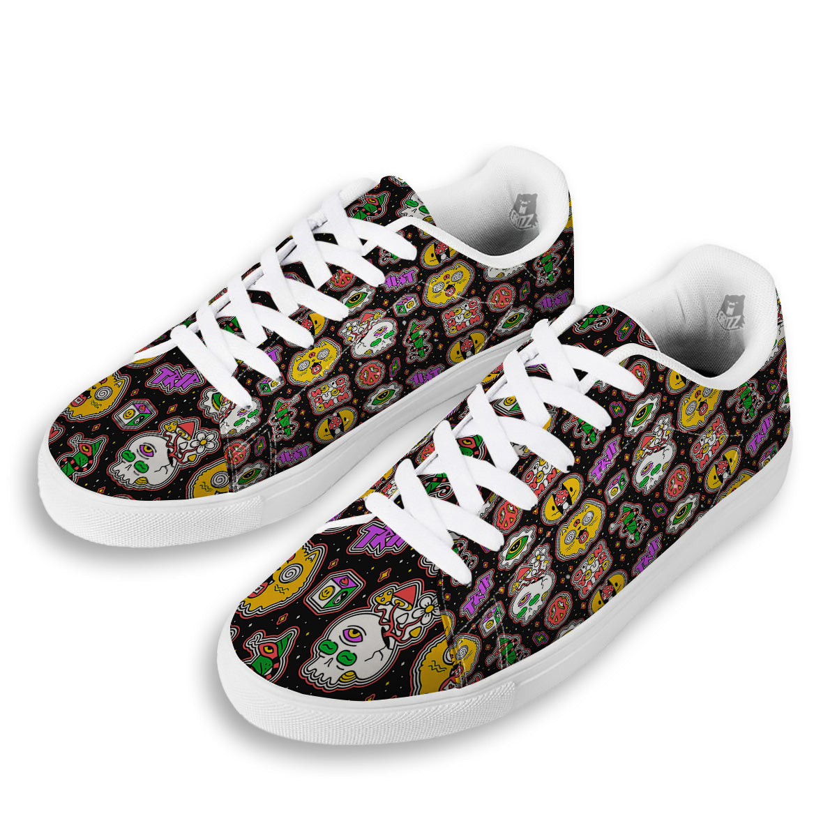 Psychedelic Funny Crazy Colorful Print Pattern White Low Top Sneakers-grizzshop